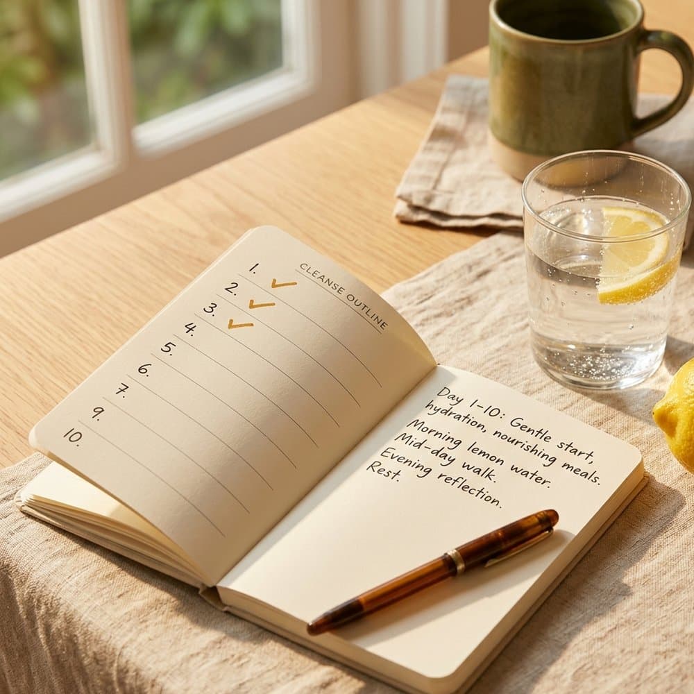 A ten-day planner with amber checkmarks on a cream linen surface
