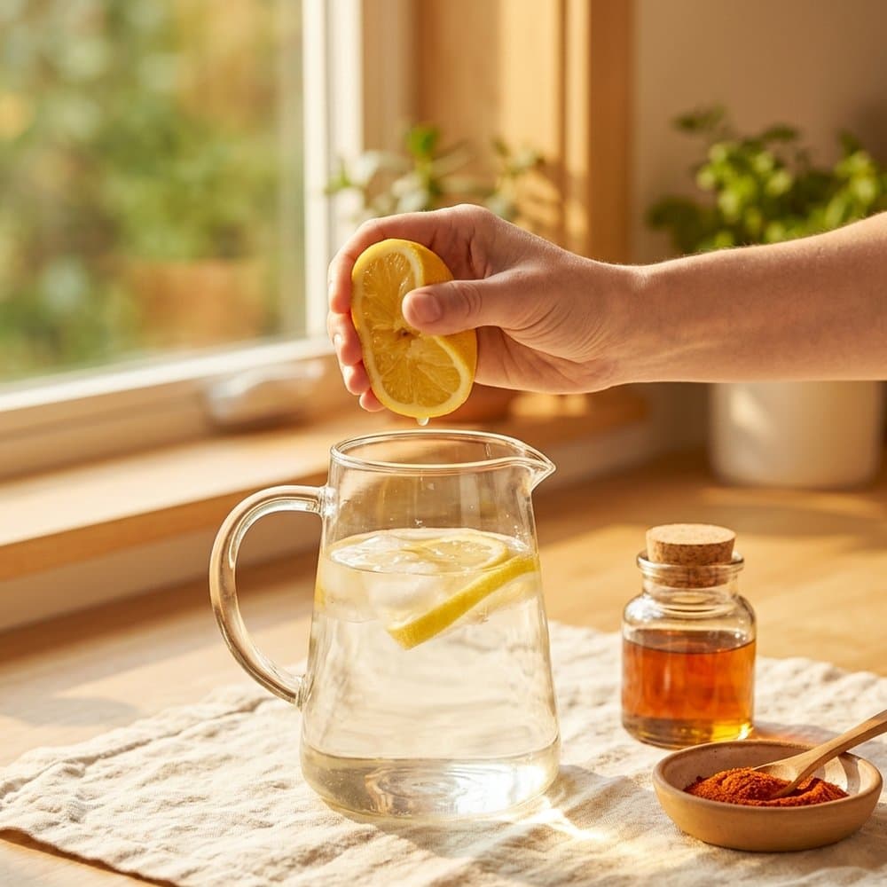 Fresh lemons, maple syrup, and cayenne being prepared over a glass pitcher