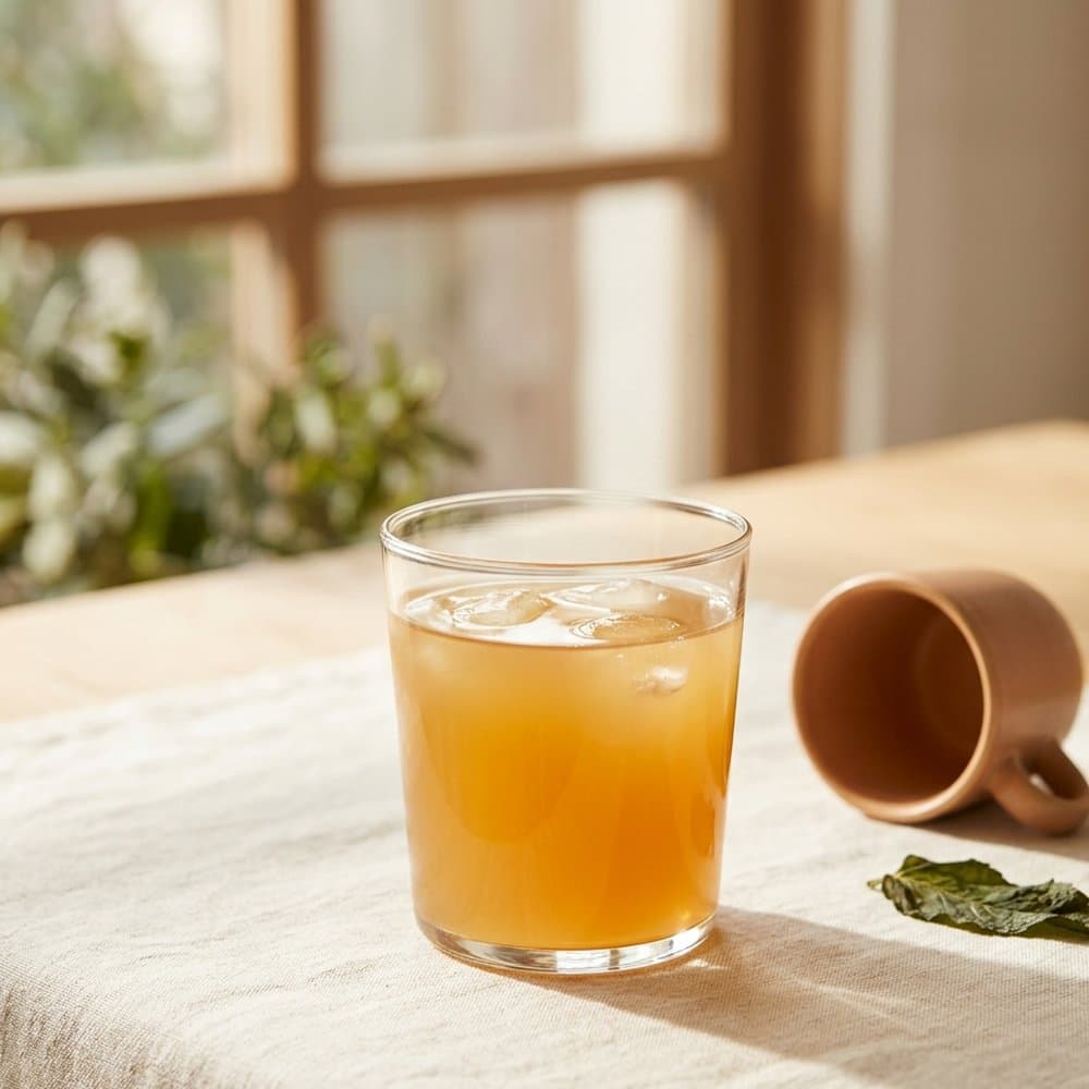 A clean glass of lemonade beside a tipped-over espresso cup